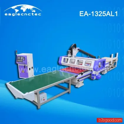 Автоматическая загрузка и разгрузка CNC машинки для резки древесины, предназначенной для изготовления панельных мебелей.